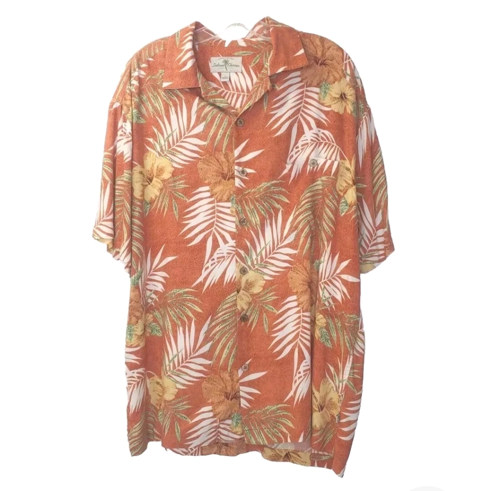 Island Shores Hawaiian Shirt Men Lg Tropical All Over Print Wooden Button Orange